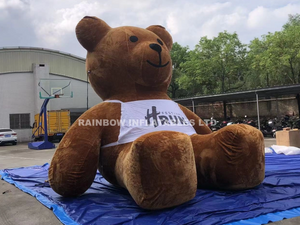 Large Flocked Inflatable Brown Bear with Logo Print - Soft Plush Cartoon Animal Balloon for Advertising and Party Decor