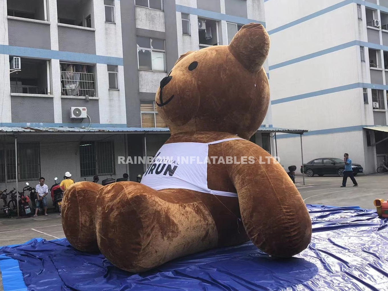 Large Flocked Inflatable Brown Bear with Logo Print - Soft Plush Cartoon Animal Balloon for Advertising and Party Decor