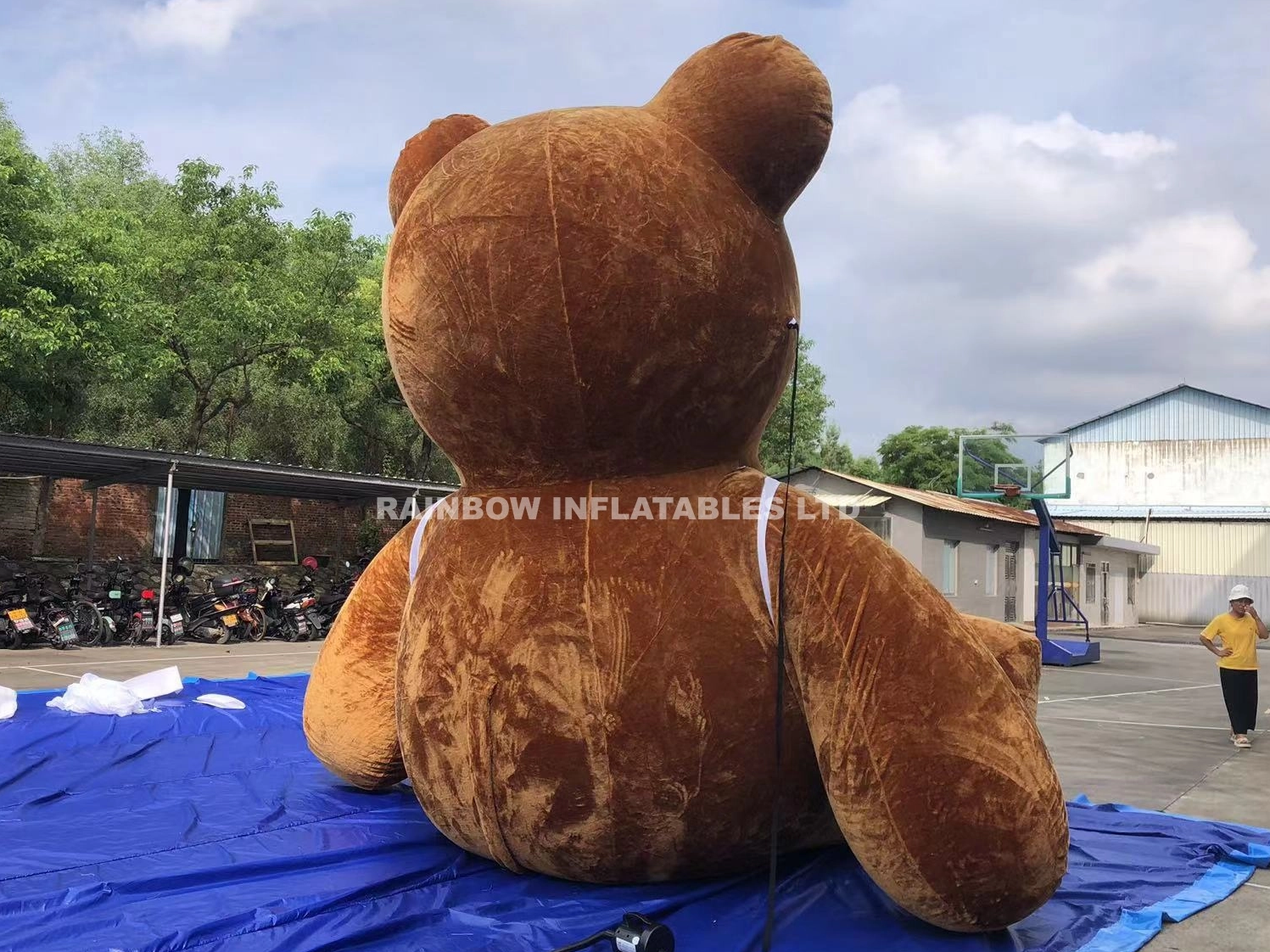 Large Flocked Inflatable Brown Bear with Logo Print - Soft Plush Cartoon Animal Balloon for Advertising and Party Decor