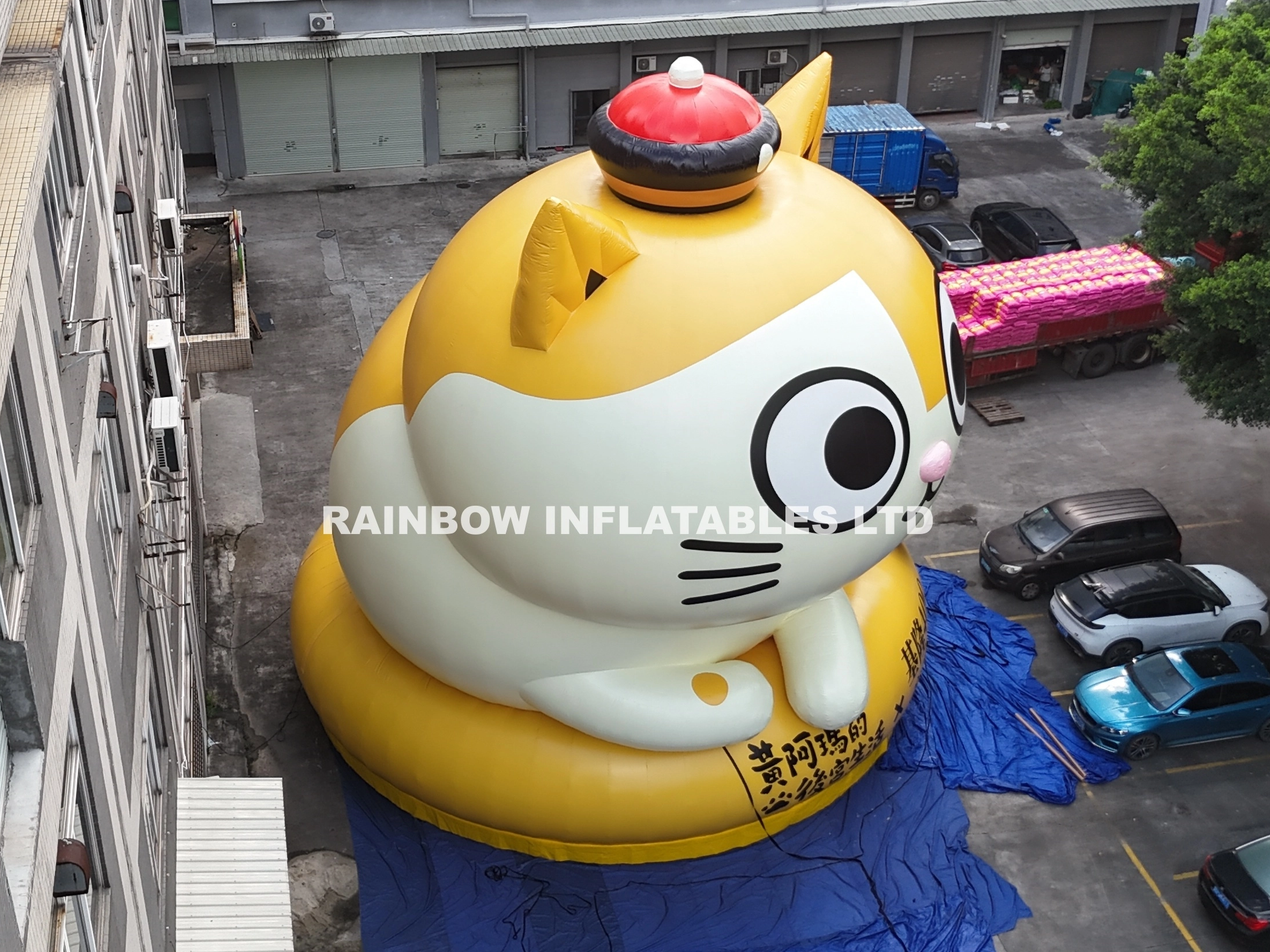Custom Giant Inflatable Cat Mascot, Yellow & White Cartoon Advertising Model, Red Hat, Event Promotion