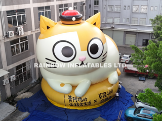 Custom Giant Inflatable Cat Mascot, Yellow & White Cartoon Advertising Model, Red Hat, Event Promotion