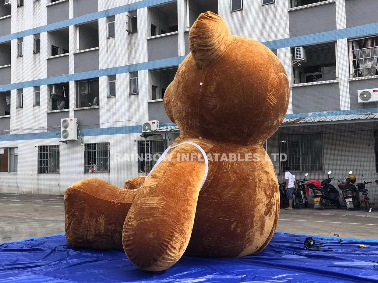 Large Flocked Inflatable Brown Bear with Logo Print - Soft Plush Cartoon Animal Balloon for Advertising and Party Decor